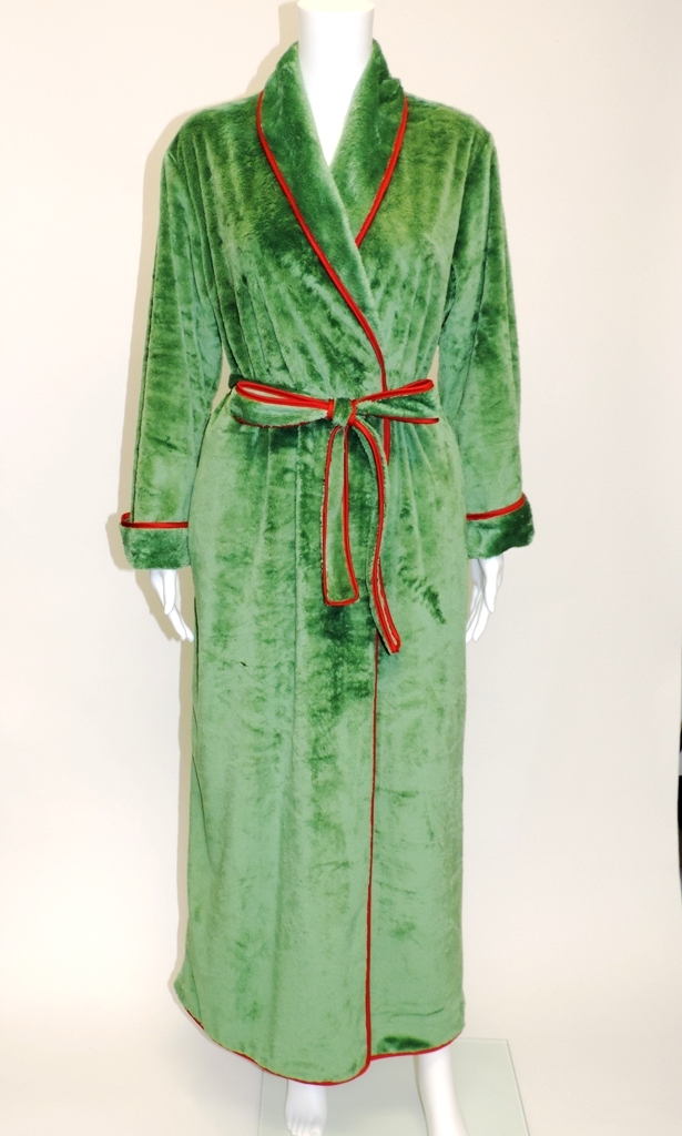 Luxurious long robe - Alpine green with red silk trim - Karen Luu Home ...